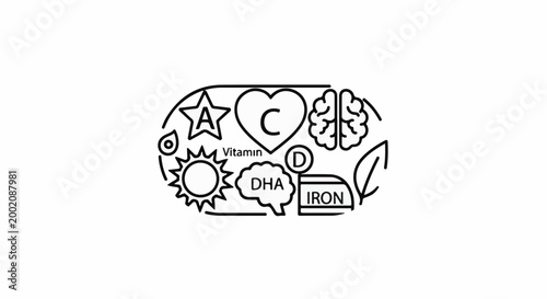 Line art icons depict vitamins A, C, D, iron, DHA, sun, brain, heart, and leaf