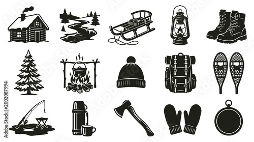 Winter Outdoor Camping Hiking Vector Icons Set - Black  White Glyph Elements Collection