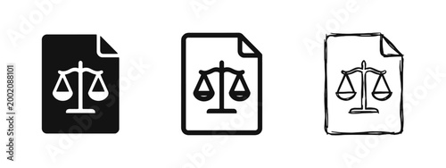 Legal Document and Justice Scale Icon Set for Law and Courtroom Design in Solid, Outline, and Sketch Styles