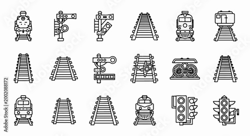 Line art icons of trains, tracks, signals, and train wheels