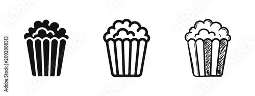 Popcorn Icon Set - Movie Theater Snack Symbols in Solid, Outline, and Hand-Drawn Styles