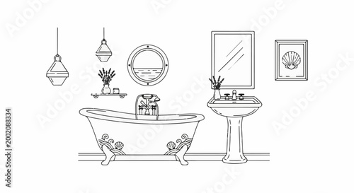 Line art illustration of a bathroom with a clawfoot tub and pedestal sink