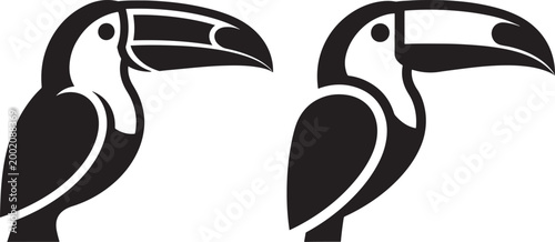 Two stylized toucan birds with large beaks in black and white graphic illustration south america line art stylized illustration tropical rainforest creature isolated side view wildlife