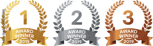 Award winner badges, gold silver bronze medals, competition ranking, achievement recognition, victory symbols, editable stroke, vector design illustration