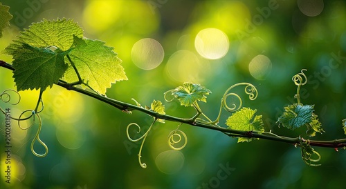 Close-up of a grape vine branch with delicate tendrils and green leaves.