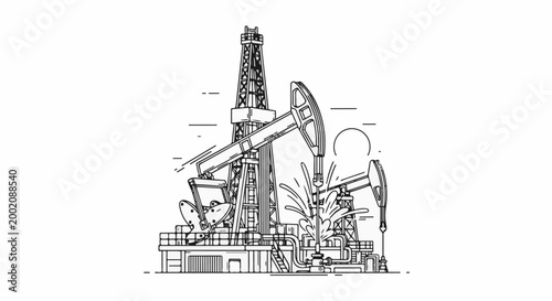 Industrial oil drilling rig and pump jack, illustration