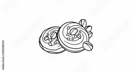 Hand-drawn illustration of two spiral cookies adorned with nuts and a few scattered pieces