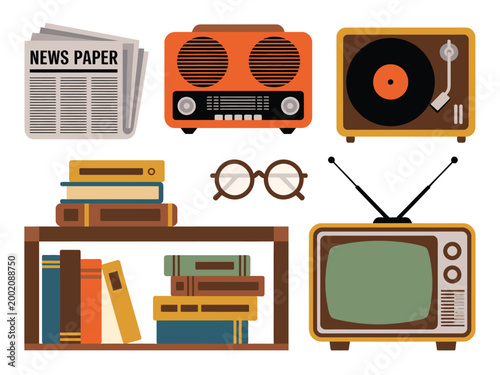 Photos Media and reading icons illustration set, generic books newspaper and retro entertainment elements in simple style for education and knowledge design