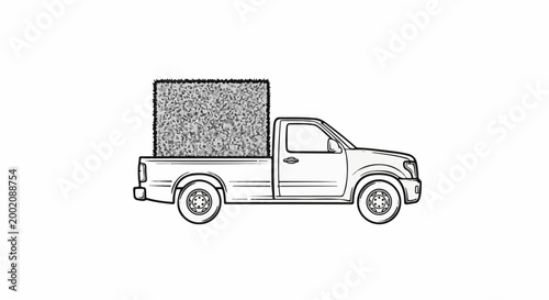 Line art illustration of a pickup truck loaded with greenery