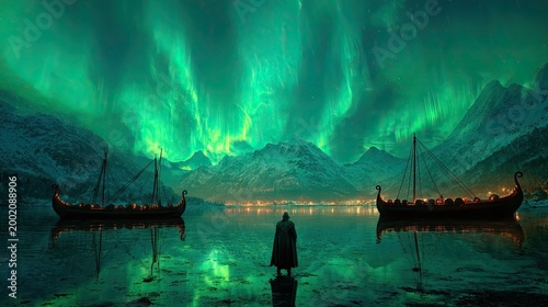 Viking Longships Under Northern Lights Aurora Borealis.