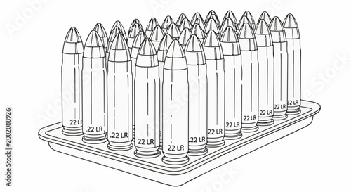 Line art illustration of a tray filled with many .22 LR cartridges