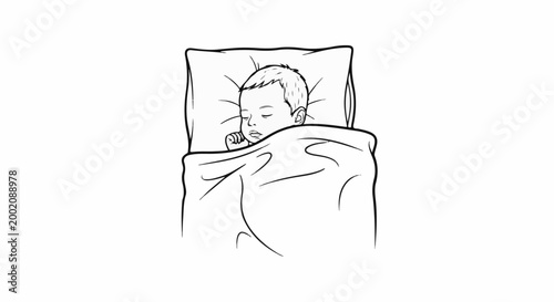 Line art illustration of a young child sleeping peacefully on a pillow