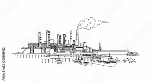 Industrial refinery with smokestacks, pipelines, and ships docked at sea