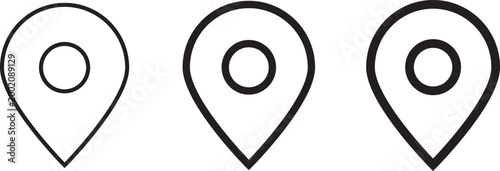 Three black outline icons depicting location pins with central oval shapes minimalist design