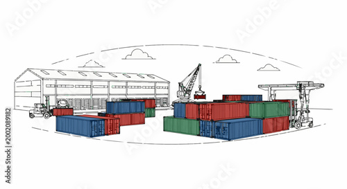 Industrial shipping containers stacked at a port with cranes and forklifts