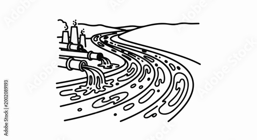 Industrial runoff pollutes a winding river under a barren sky