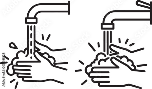 Hands washing under a running water tap with soap suds and splashing water emphasizing hygiene and cleanliness hand washing virus prevention personal care public health line art black and white
