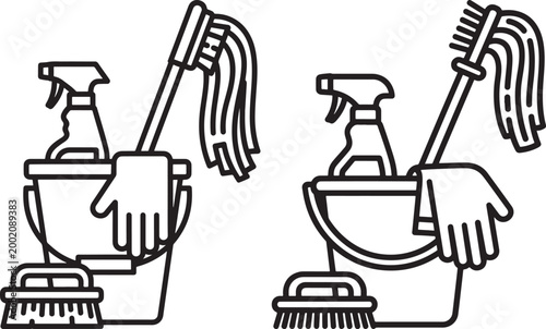 Collection of household cleaning supplies including a bucket spray bottle mop rubber gloves scrub brush with house chores line art black and white household cleaning sanitize disinfectant