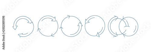 Set of five circular arrows indicating process, repetition, and cycles on white background.