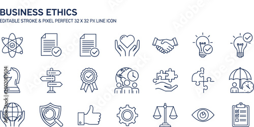 Business ethics icons, integrity symbols, trust concept, fairness illustration, corporate responsibility, editable stroke, vector design, professional principles