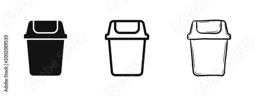 Waste Bin Icon Set, Garbage Can with Lid, Disposal and Sanitation Symbols in Glyph, Outline, and Doodle Styles