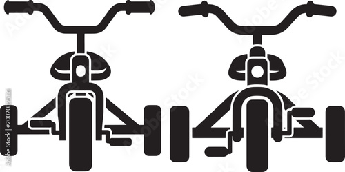 Two black silhouettes of tricycles children's toy bikes front view simple graphic illustration with three wheels side by side children s recreation push bike pedal bike learning to ride playtime