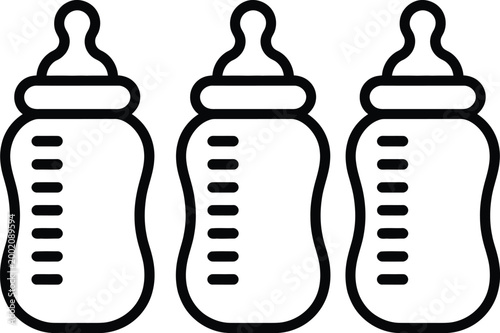 Three baby bottles with different milk level indicators shown in black and white