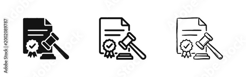 Law and Justice Icon Set, Legal Document with Gavel, Court and Attorney Symbols in Three Styles