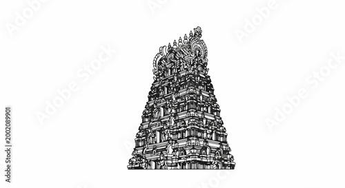 Intricate Indian temple tower, detailed black and white line drawing, isolated