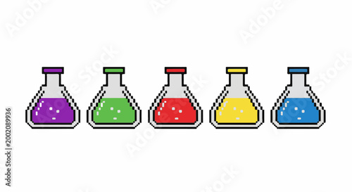 Five pixel art beakers with colored liquids purple, green, red, yellow, and blue