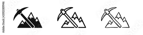 Mining Icon Set, Pickaxe with Mountains, Exploration and Labor Symbols in Glyph, Outline, and Doodle Styles