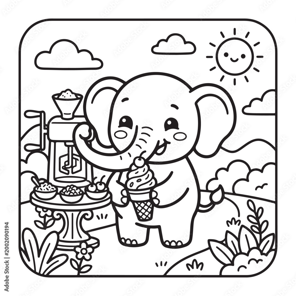 Fototapeta premium Elephant Making Ice Cream Coloring Page for Kids Cute Kawaii Fun Bold Line Art Design Page