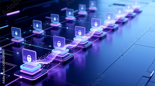 Futuristic visualization of identity verification flow with authentication nodes on zero trust security network system for secure data access with controlled validation process
