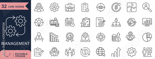 Management Workflow and Business Strategy Line Icons Set