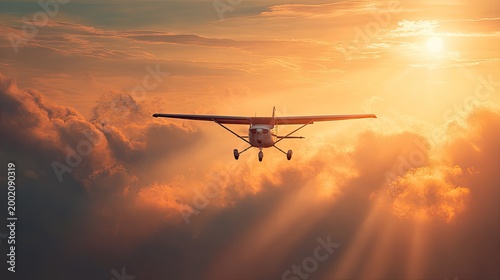 Small Airplane Flying Through Dramatic Sunset Clouds.