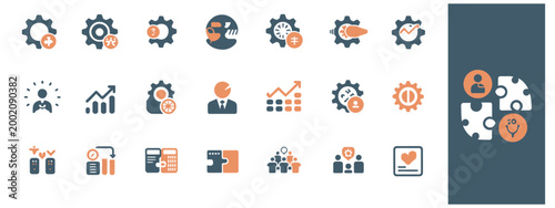 Collection of business and finance icons in a dark blue and orange color palette.