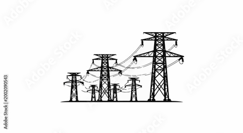 Group of industrial power transmission towers with cables suspended