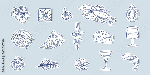 Mediterranean food doodle sticker set with seafood, wine, tomato elements. Italian cuisine coastal collection. Perfect for menus, posters, cards and travel design. Flat vector illustration.
