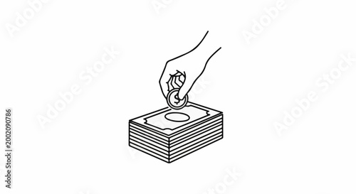 Hand deposits coin into stack of banknotes