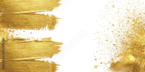 Gold paint brush strokes and metallic glitter texture frame for luxury design background