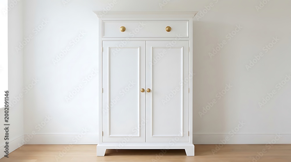 Fototapeta premium A tall, white, two-door cabinet with a single drawer at the top, featuring brass knobs, set against a plain white wall.
