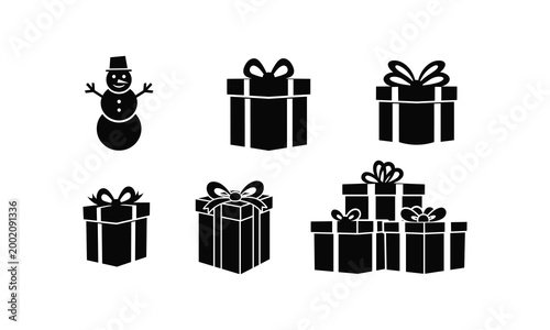 Gift box collection and snowman silhouette set for winter holiday celebration vector design.