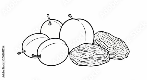 Line drawing of ripe plums and wrinkled dried fruit on white background