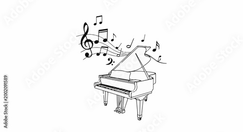 Grand piano with swirling musical notes in a playful, artistic style