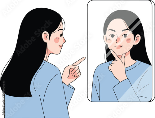 Young Woman Looking at Herself in the Mirror for Self-Reflection and Personal Care Illustrations