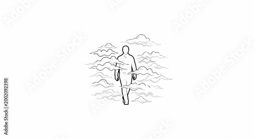 Figure walking through stylized, wavy clouds