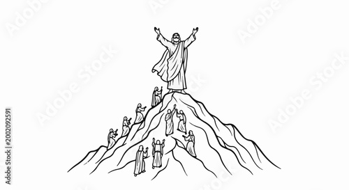 Figure with raised arms on mountain, surrounded by followers on slopes