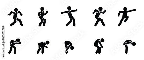 Vector stickman set of people bending, leaning and crouching in different poses. Black human icons isolated on white background for design use.