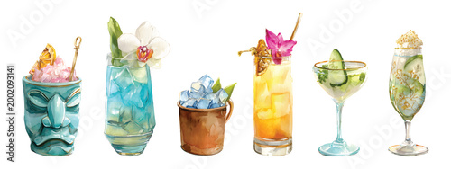 Watercolor set of tropical summer cocktails and exotic mixed drinks, featuring tiki mug, copper cup, and glasses garnished with ice, flowers, and fruit, isolated on transparent background