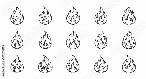 Fifteen black and white line drawings of flames arranged in a grid